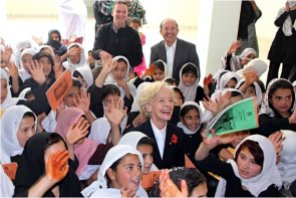 MAMA's Patron, the Governor-General with Paul Singer and Stephen Brady, and students at the Malilai Girls' School in Tarin Kowt.